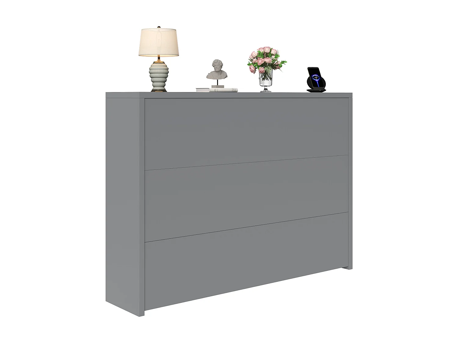 Bureau pliable 115×27×93 cm - avec fonction de charge sans fil - avec étagères et roulettes - Finition haute brillance - Gris