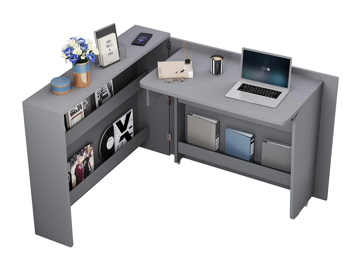 Bureau pliable 115×27×93 cm - avec fonction de charge sans fil - avec étagères et roulettes - Finition haute brillance - Gris