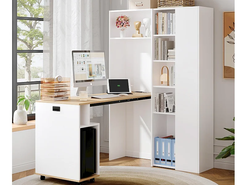 Bureau pliable 104.5x30.5x160 cm - avec bibliothèque - prises et ports USB - Étagères réglables - Avec roulettes - Blanc+naturel