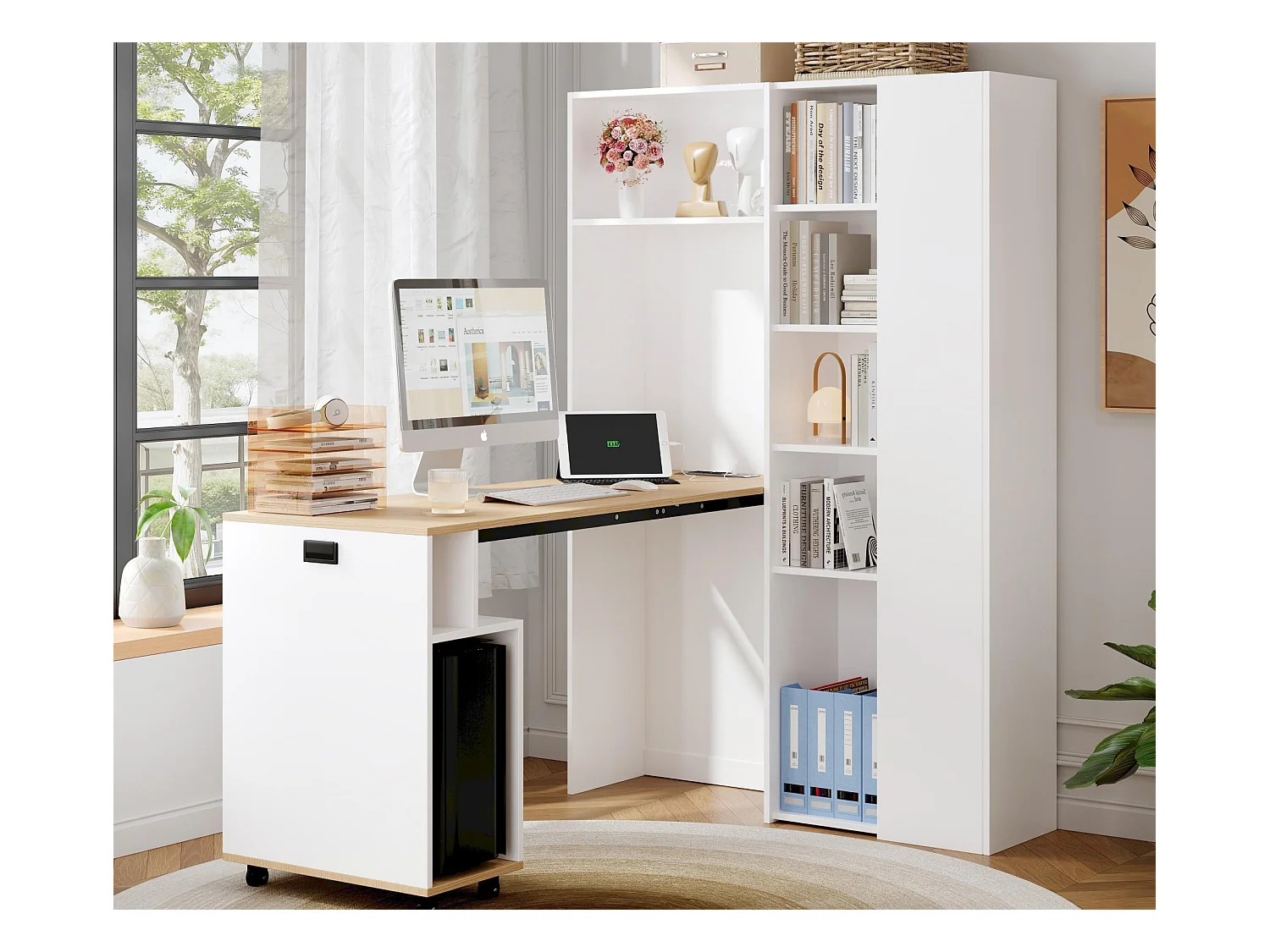 Bureau pliable 104.5x30.5x160 cm - avec bibliothèque - prises et ports USB - Étagères réglables - Avec roulettes - Blanc+naturel