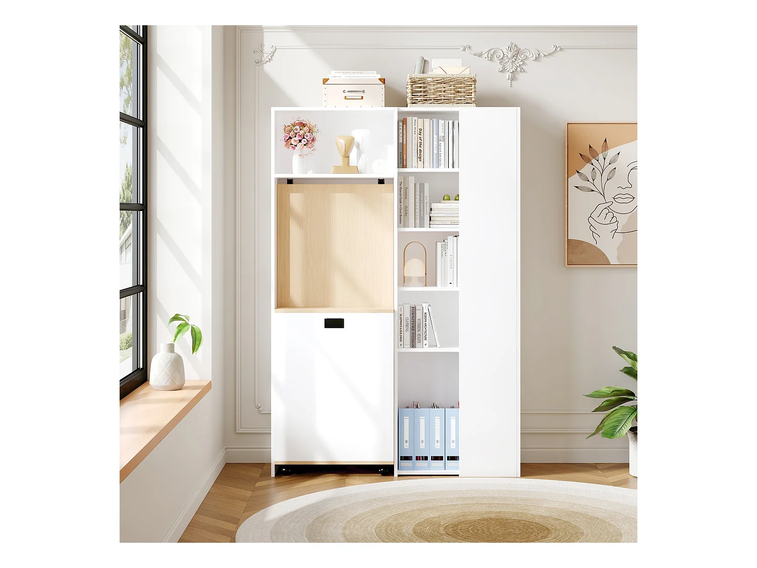 Bureau pliable 104.5x30.5x160 cm - avec bibliothèque - prises et ports USB - Étagères réglables - Avec roulettes - Blanc+naturel