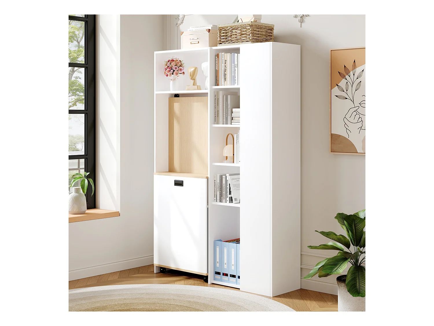 Bureau pliable 104.5x30.5x160 cm - avec bibliothèque - prises et ports USB - Étagères réglables - Avec roulettes - Blanc+naturel