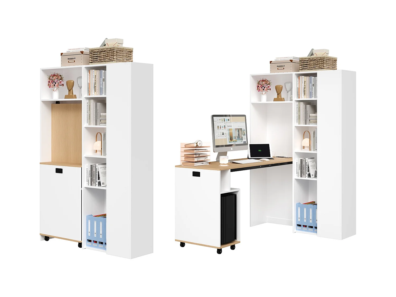Bureau pliable 104.5x30.5x160 cm - avec bibliothèque - prises et ports USB - Étagères réglables - Avec roulettes - Blanc+naturel