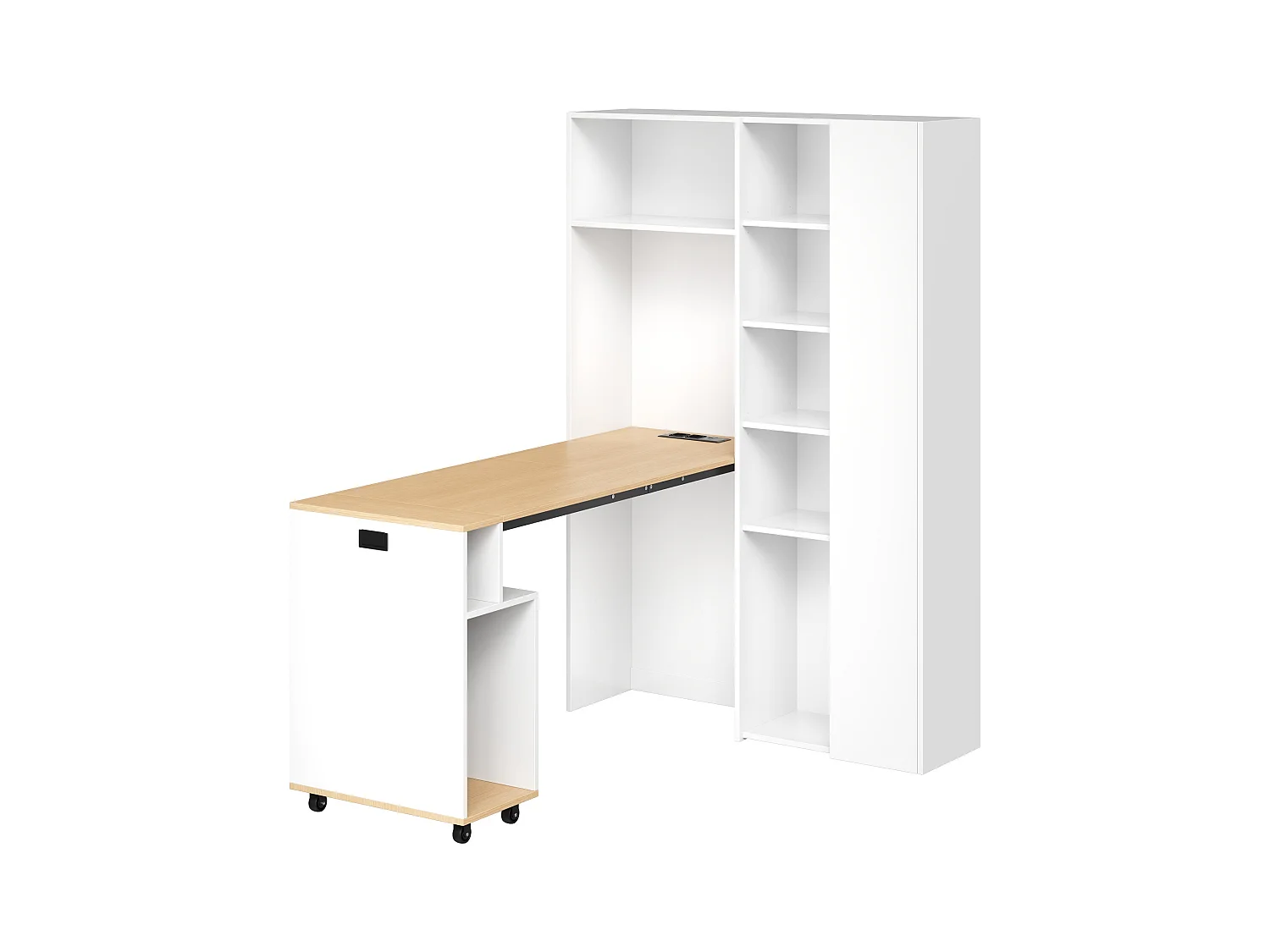 Bureau pliable 104.5x30.5x160 cm - avec bibliothèque - prises et ports USB - Étagères réglables - Avec roulettes - Blanc+naturel