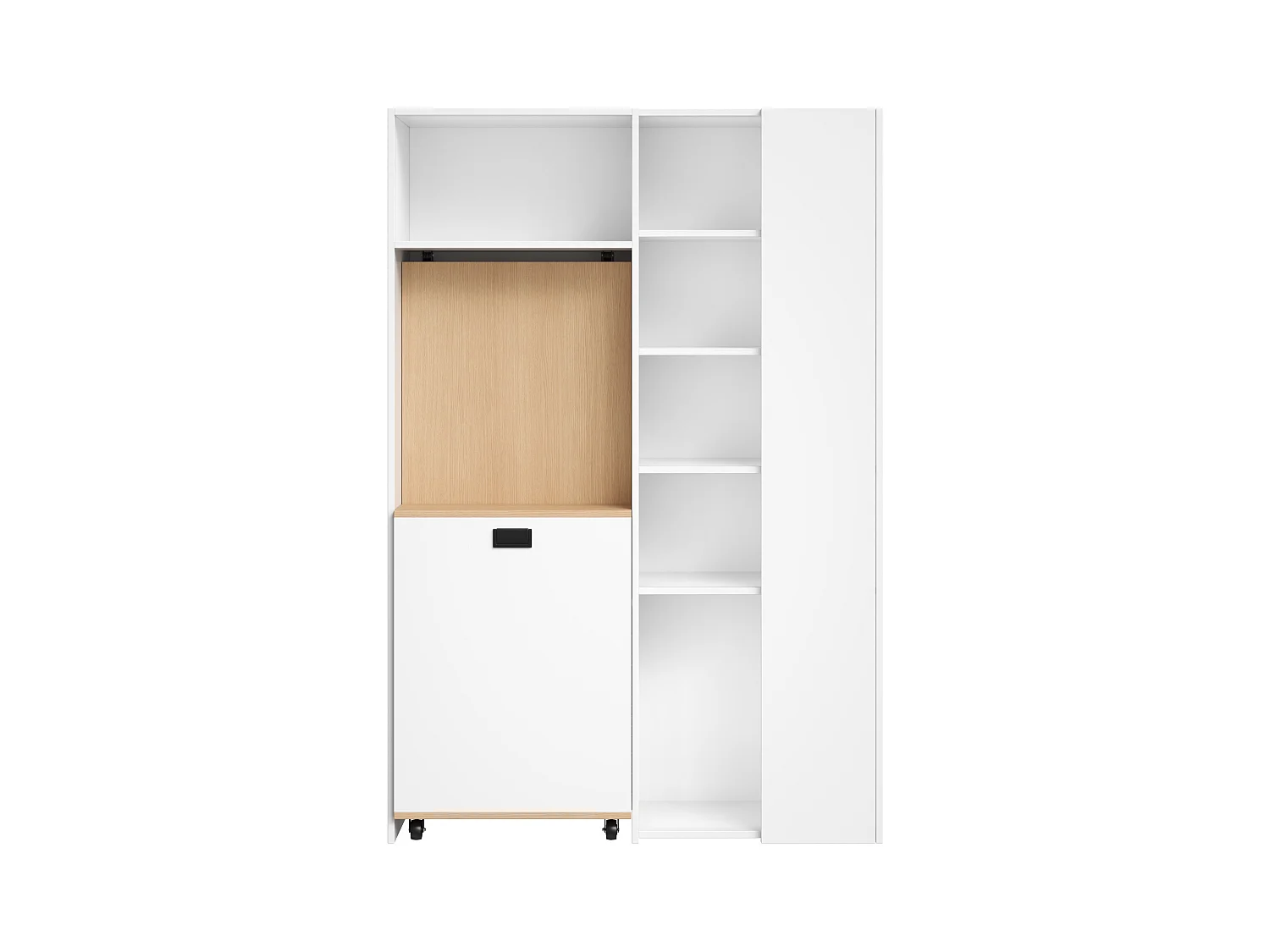 Bureau pliable 104.5x30.5x160 cm - avec bibliothèque - prises et ports USB - Étagères réglables - Avec roulettes - Blanc+naturel
