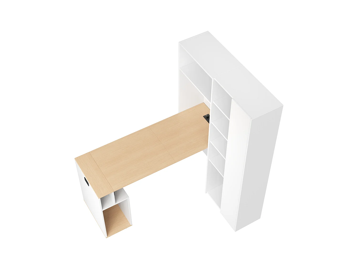 Bureau pliable 104.5x30.5x160 cm - avec bibliothèque - prises et ports USB - Étagères réglables - Avec roulettes - Blanc+naturel