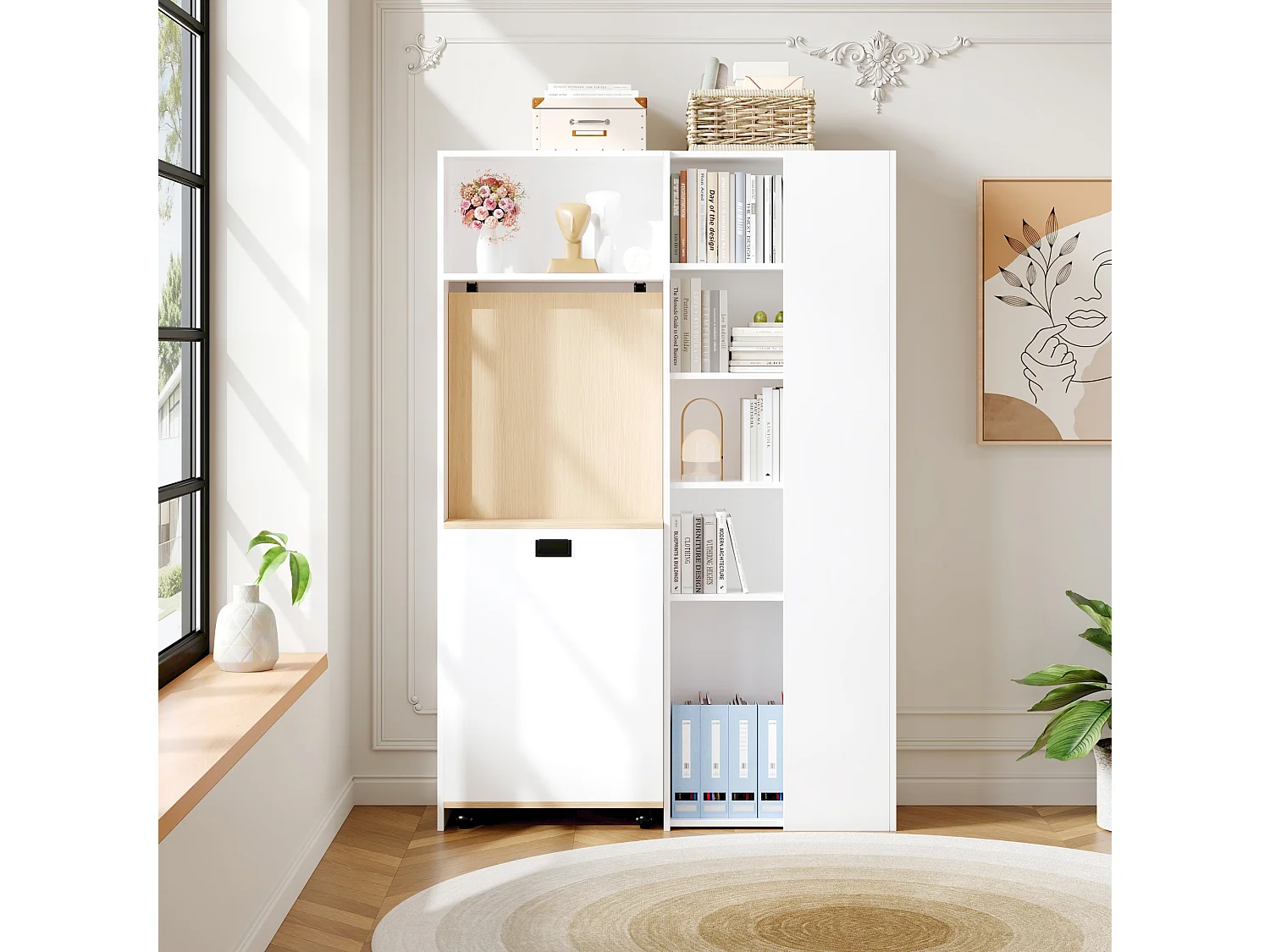 Bureau pliable 104.5x30.5x160 cm - avec bibliothèque - prises et ports USB - Étagères réglables - Avec roulettes - Blanc+naturel