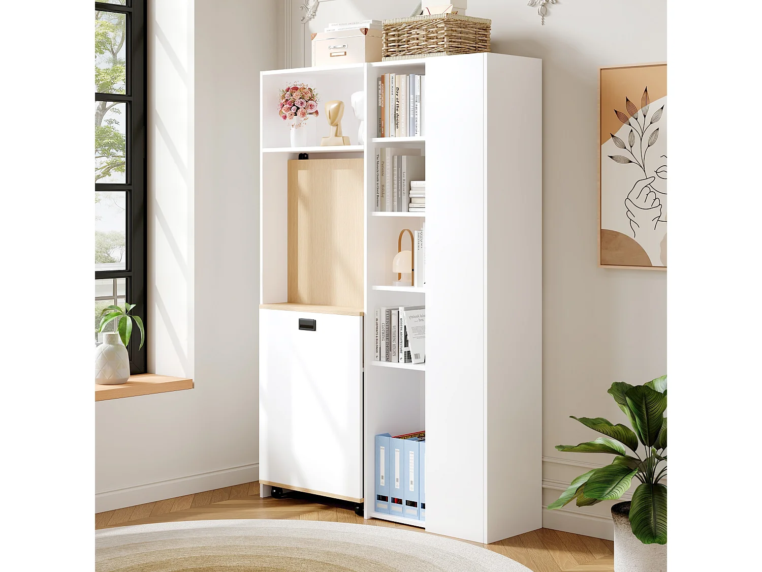 Bureau pliable 104.5x30.5x160 cm - avec bibliothèque - prises et ports USB - Étagères réglables - Avec roulettes - Blanc+naturel