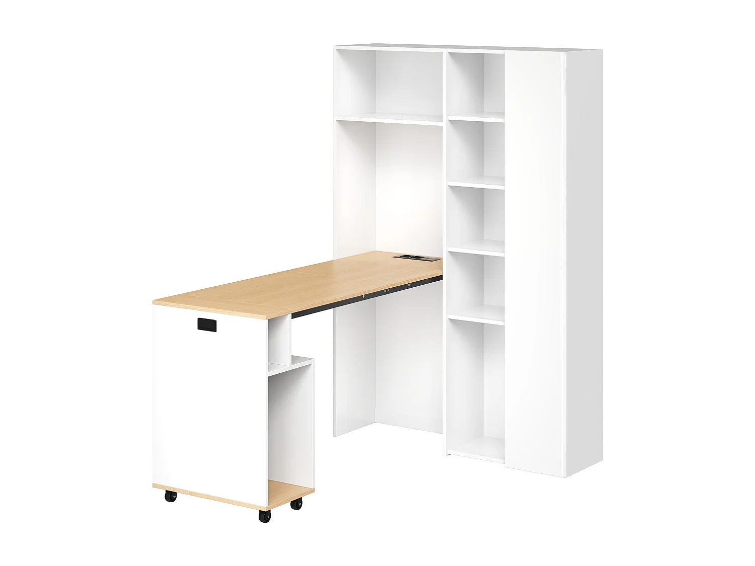 Bureau pliable 104.5x30.5x160 cm - avec bibliothèque - prises et ports USB - Étagères réglables - Avec roulettes - Blanc+naturel
