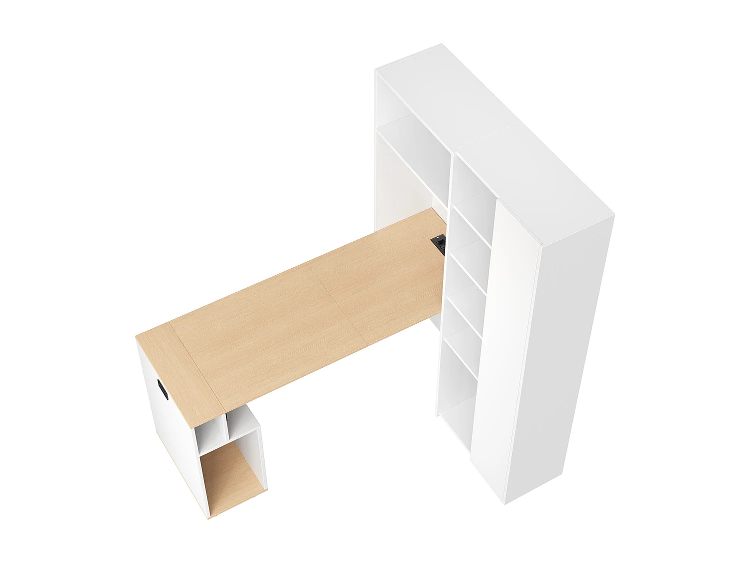 Bureau pliable 104.5x30.5x160 cm - avec bibliothèque - prises et ports USB - Étagères réglables - Avec roulettes - Blanc+naturel