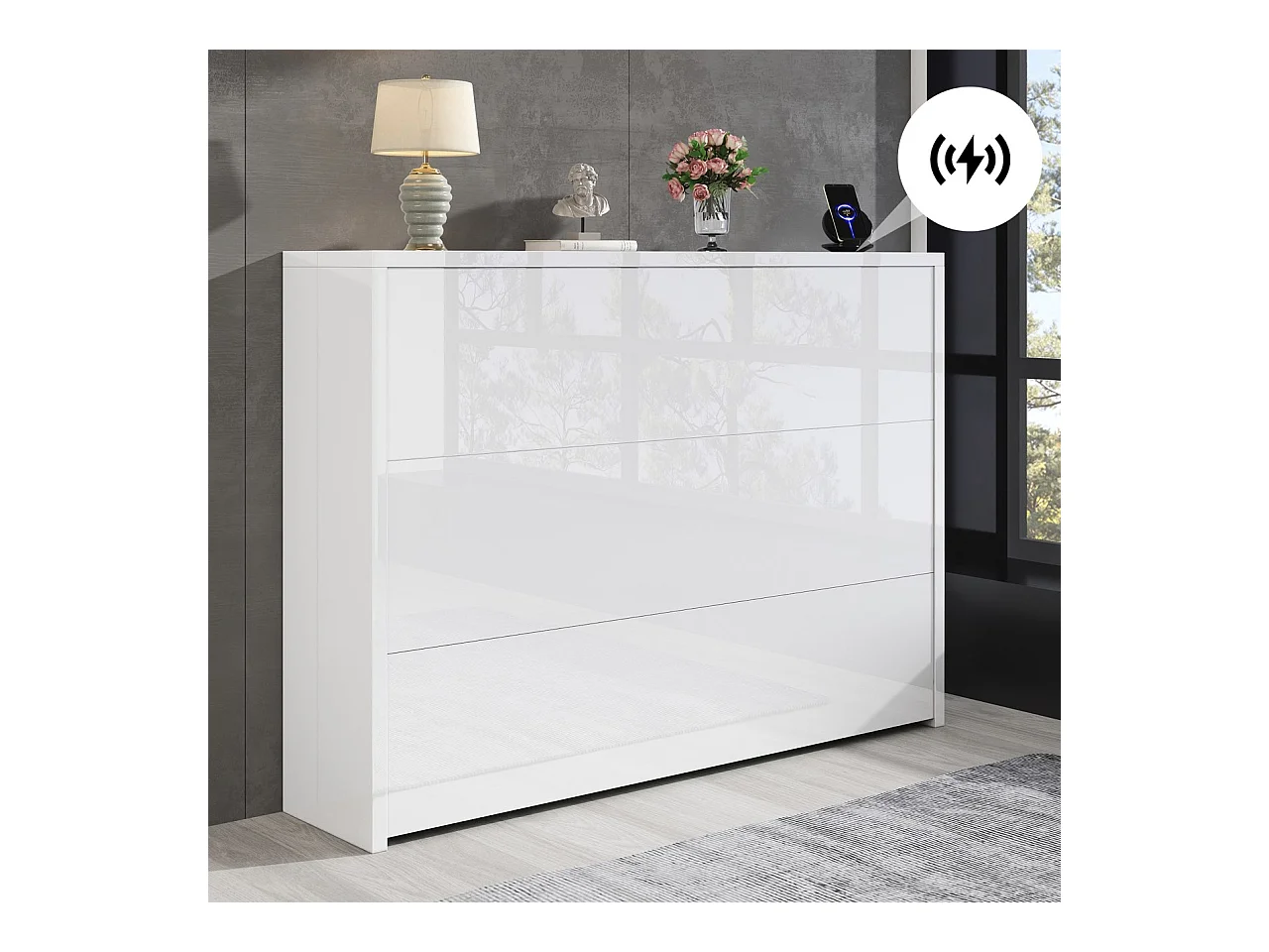Bureau pliable 115×27×93 cm - avec fonction de charge sans fil - avec étagères et roulettes - Finition haute brillance - Blanc