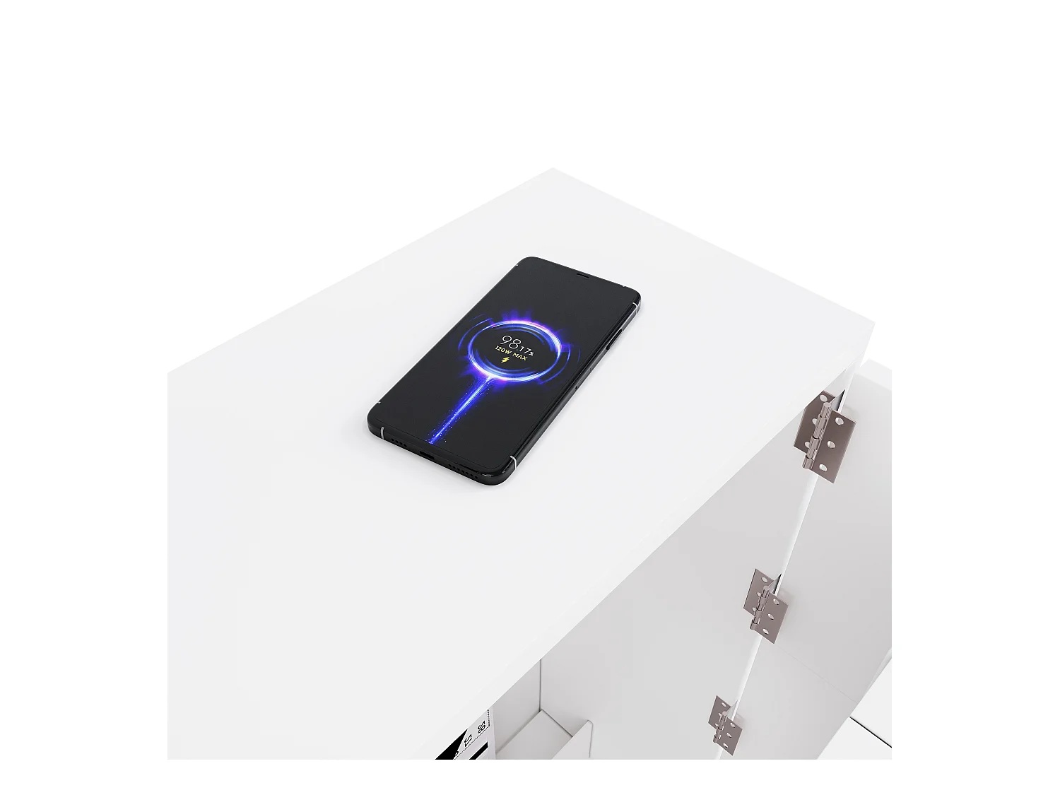 Bureau pliable 115×27×93 cm - avec fonction de charge sans fil - avec étagères et roulettes - Finition haute brillance - Blanc