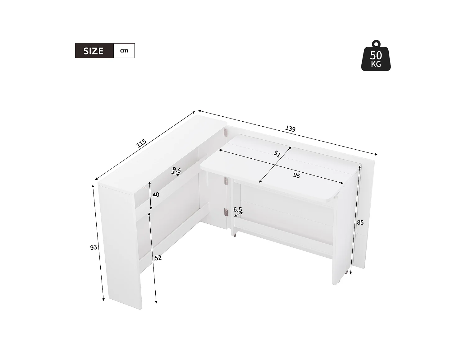 Bureau pliable 115×27×93 cm - avec fonction de charge sans fil - avec étagères et roulettes - Finition haute brillance - Blanc