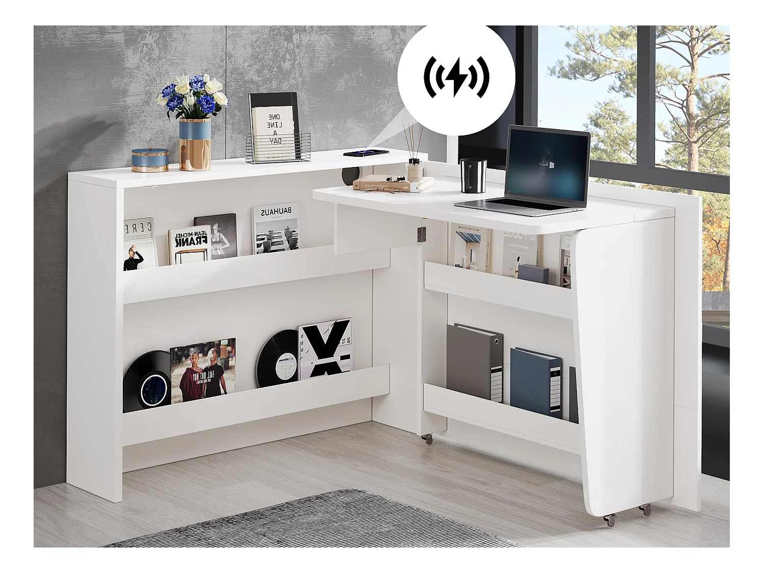 Bureau pliable 115×27×93 cm - avec fonction de charge sans fil - avec étagères et roulettes - Finition haute brillance - Blanc