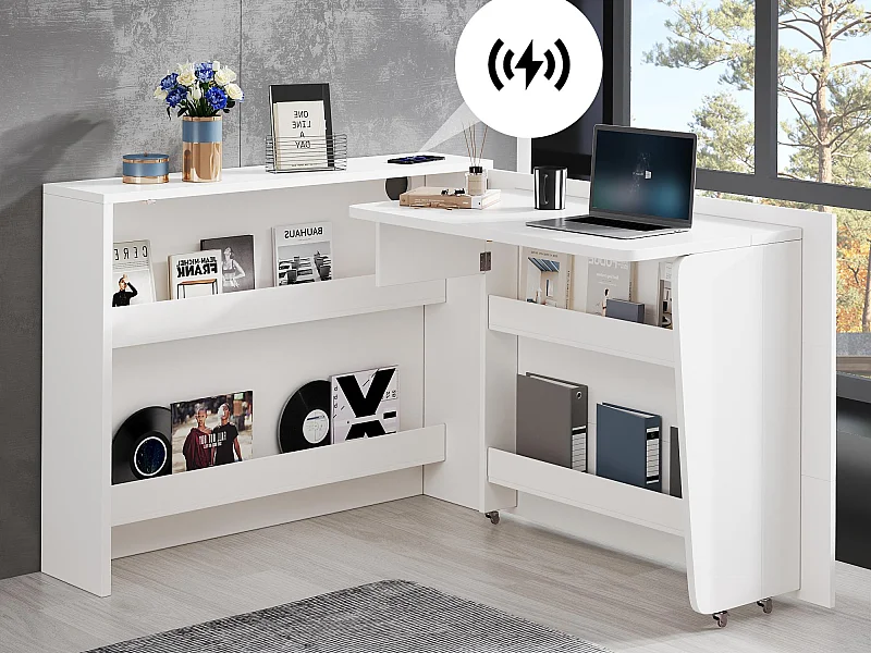 Bureau pliable 115×27×93 cm - avec fonction de charge sans fil - avec étagères et roulettes - Finition haute brillance - Blanc