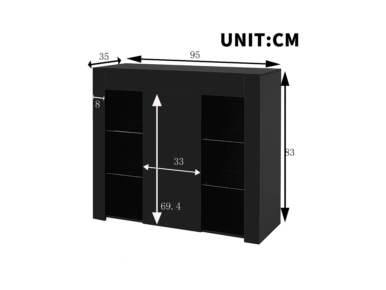 Buffet 95x35x83 cm - finition brillante - 1 porte - avec étagères en verre - panneaux de particules - noir