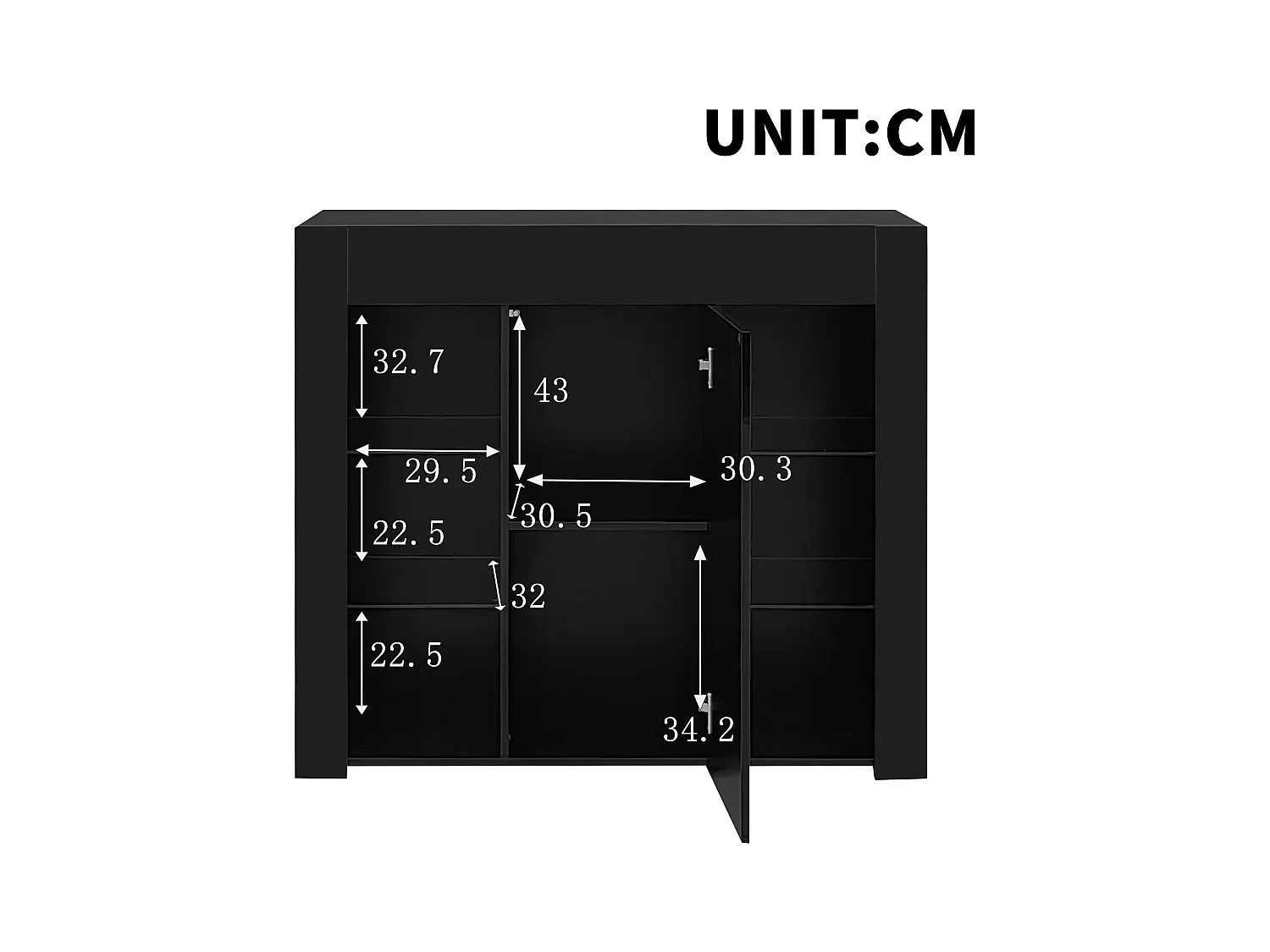 Buffet 95x35x83 cm - finition brillante - 1 porte - avec étagères en verre - panneaux de particules - noir