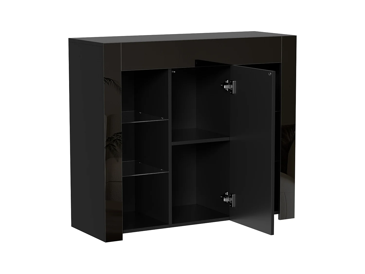 Buffet 95x35x83 cm - finition brillante - 1 porte - avec étagères en verre - panneaux de particules - noir