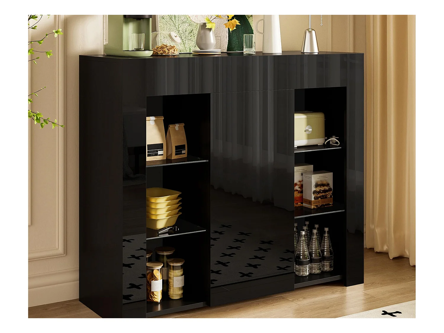 Buffet 95x35x83 cm - finition brillante - 1 porte - avec étagères en verre - panneaux de particules - noir