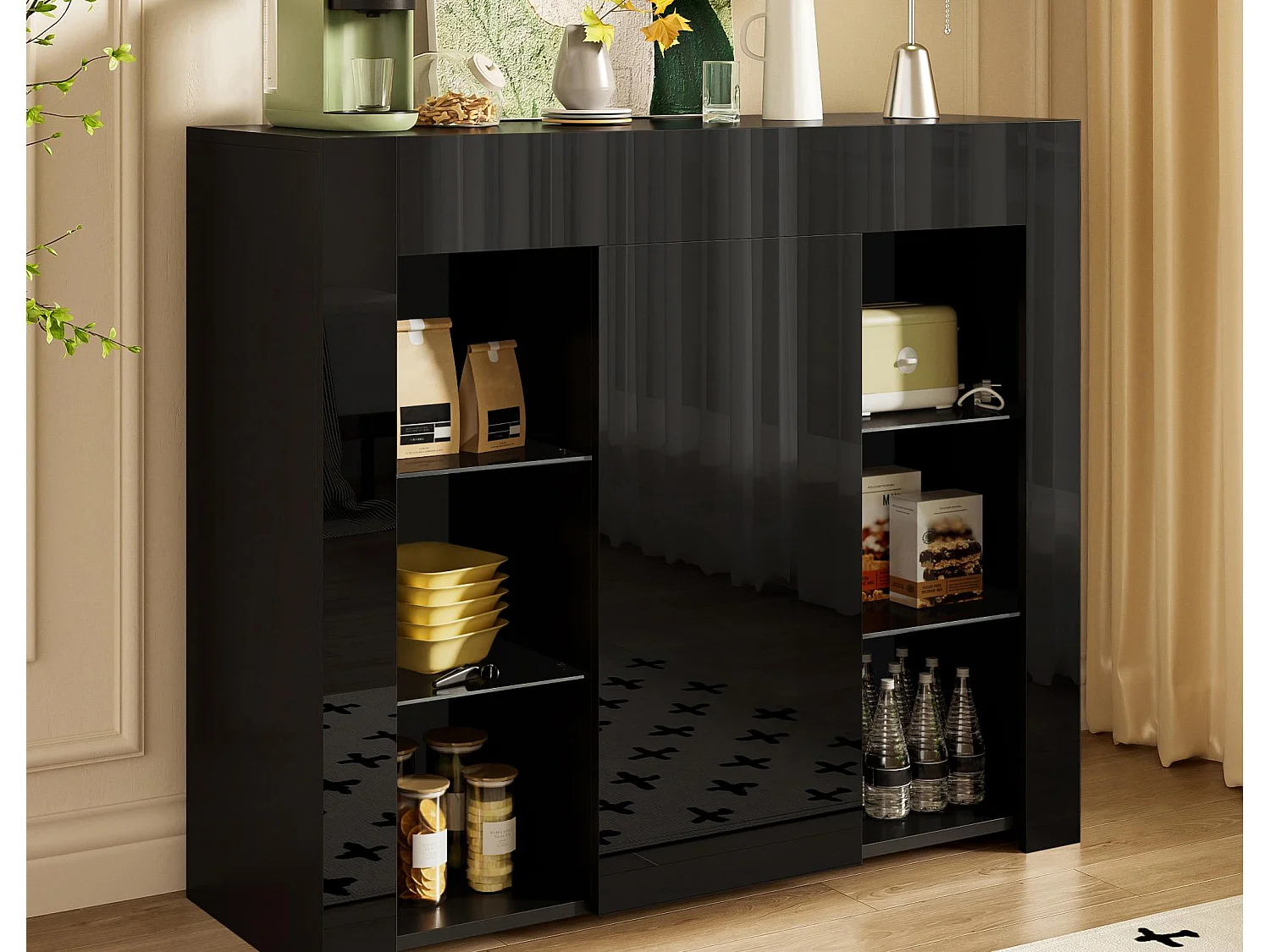 Credenza 95×35×83 cm - finitura lucida - 1 anta - con ripiani in vetro - pannelli di particelle - nero