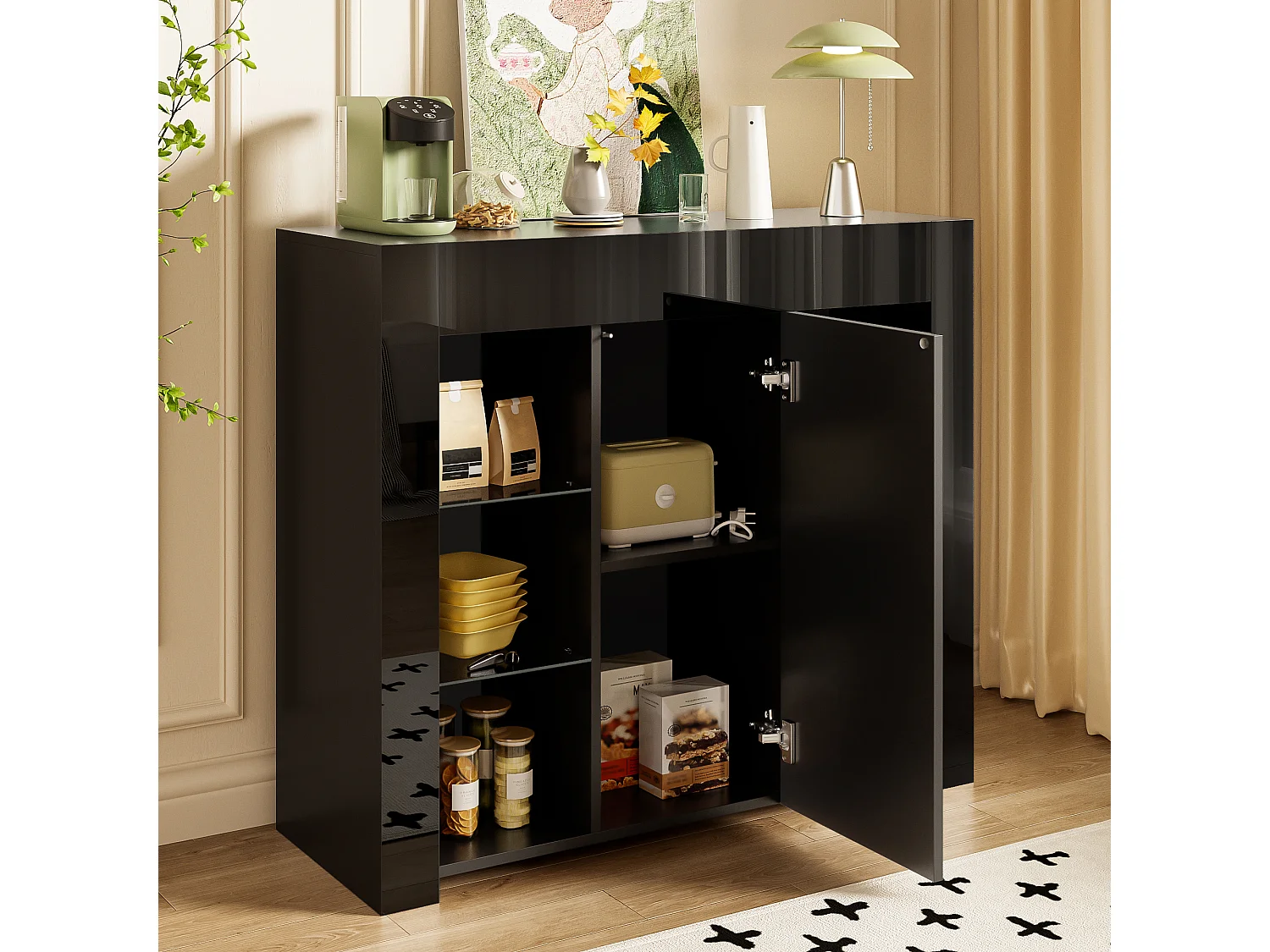 Credenza 95×35×83 cm - finitura lucida - 1 anta - con ripiani in vetro - pannelli di particelle - nero