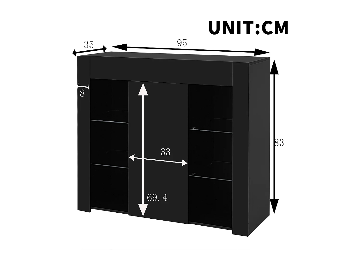 Credenza 95×35×83 cm - finitura lucida - 1 anta - con ripiani in vetro - pannelli di particelle - nero
