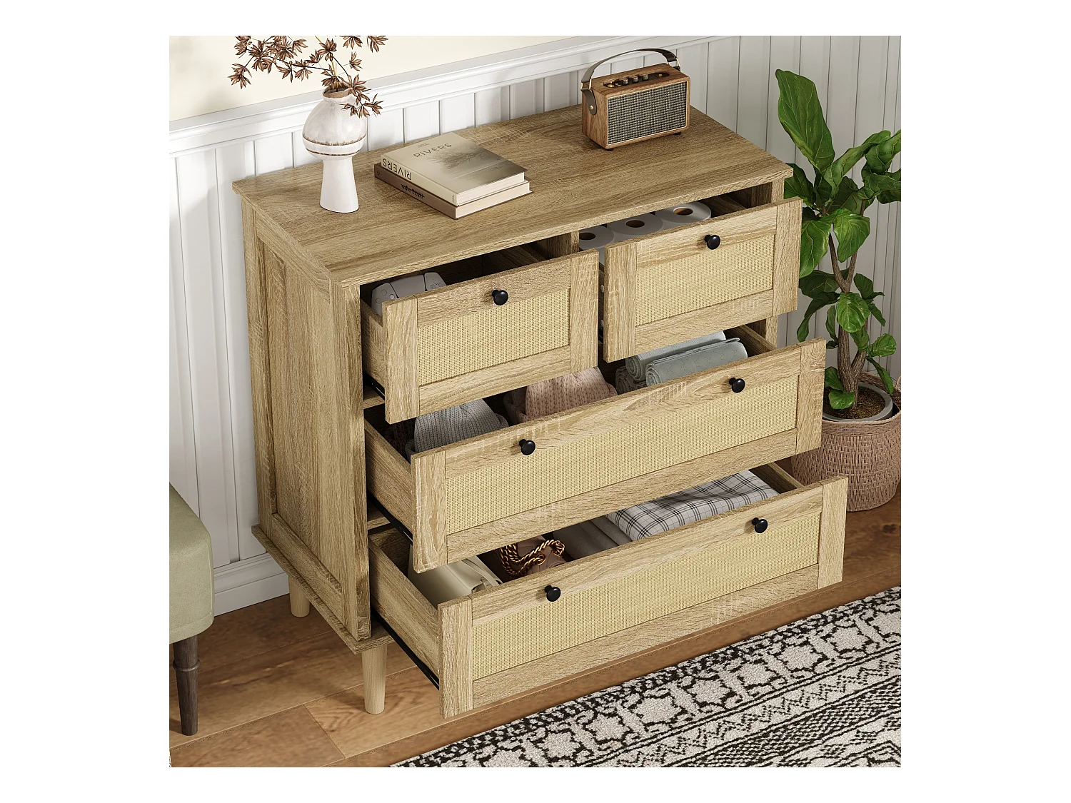 Buffet 80x40x80cm - avec 4 tiroirs en rotin - pieds en bois massif - panneaux de particules - naturel