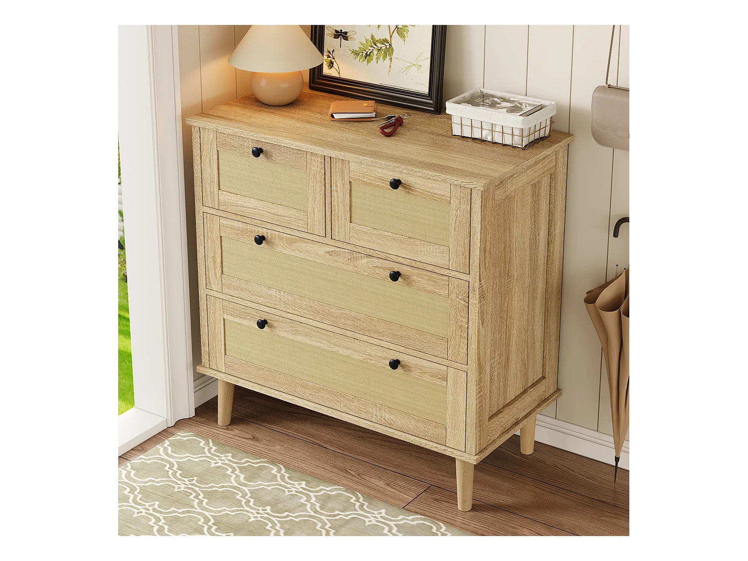 Buffet 80x40x80cm - avec 4 tiroirs en rotin - pieds en bois massif - panneaux de particules - naturel