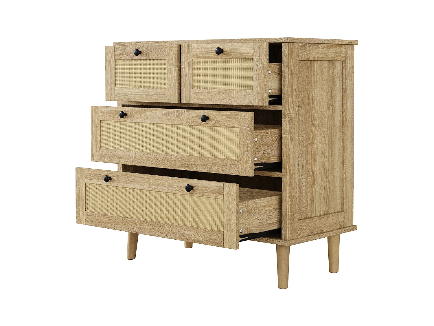 Buffet 80x40x80cm - avec 4 tiroirs en rotin - pieds en bois massif - panneaux de particules - naturel