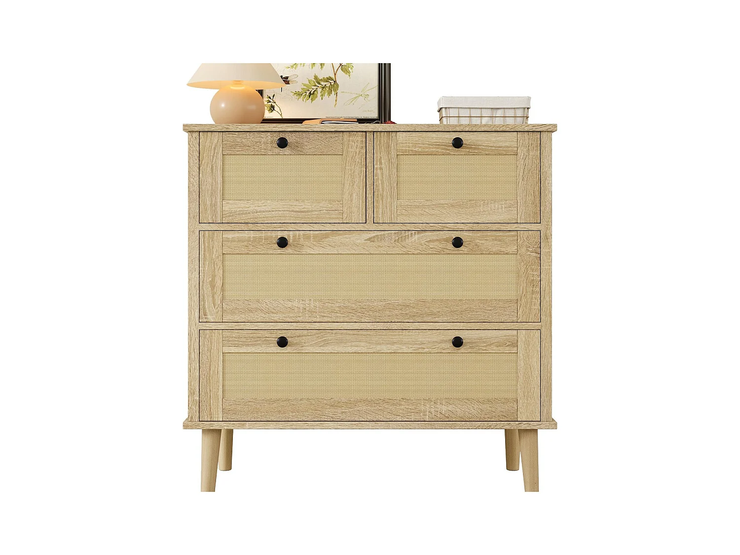 Buffet 80x40x80cm - avec 4 tiroirs en rotin - pieds en bois massif - panneaux de particules - naturel