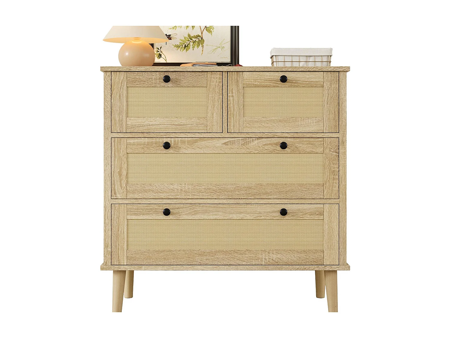 Sideboard 80×40×80 cm - mit 4 Rattan-Schubladen - Massivholzfüße - Spanplatte - natur