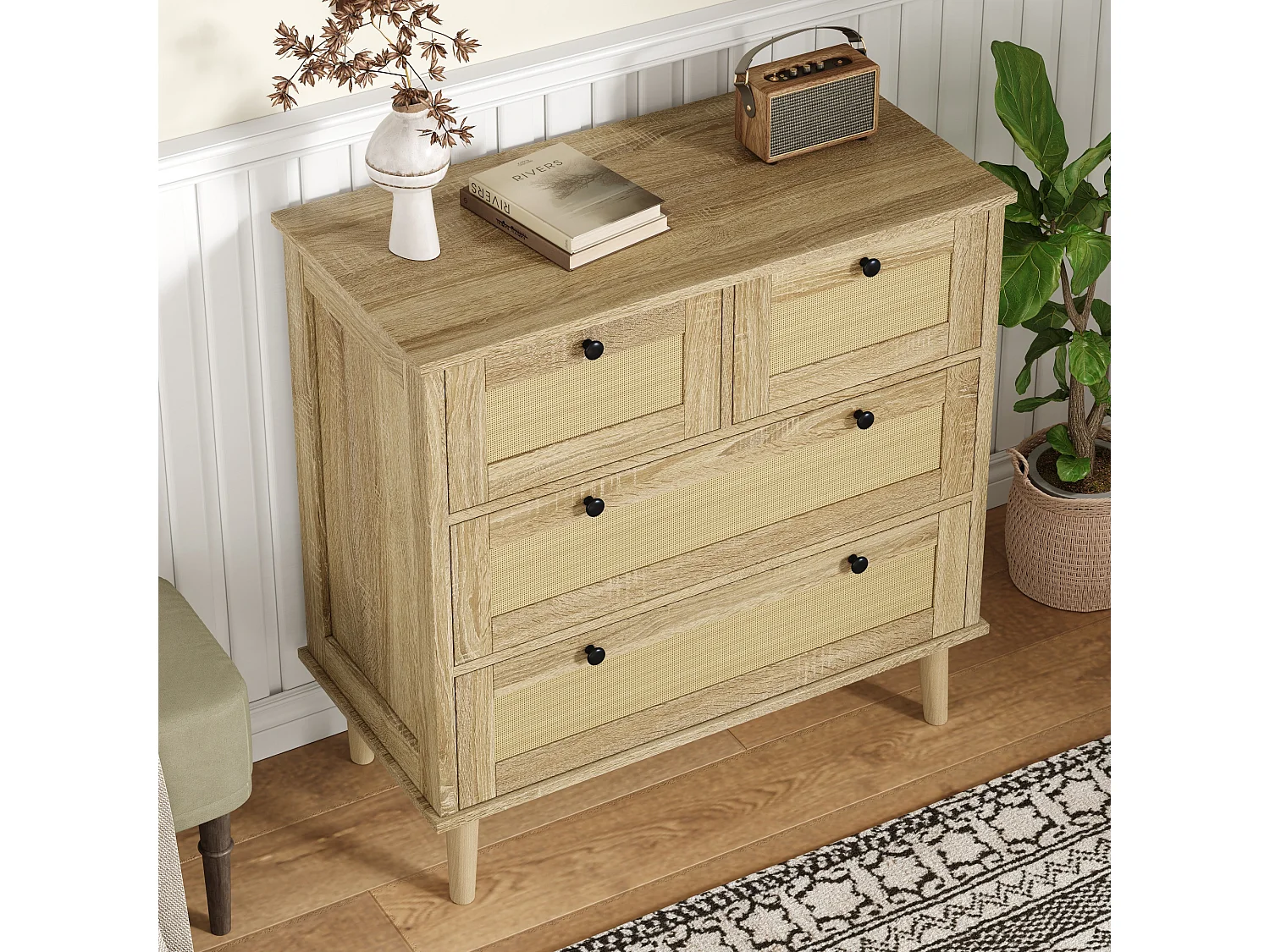 Sideboard 80×40×80 cm - mit 4 Rattan-Schubladen - Massivholzfüße - Spanplatte - natur