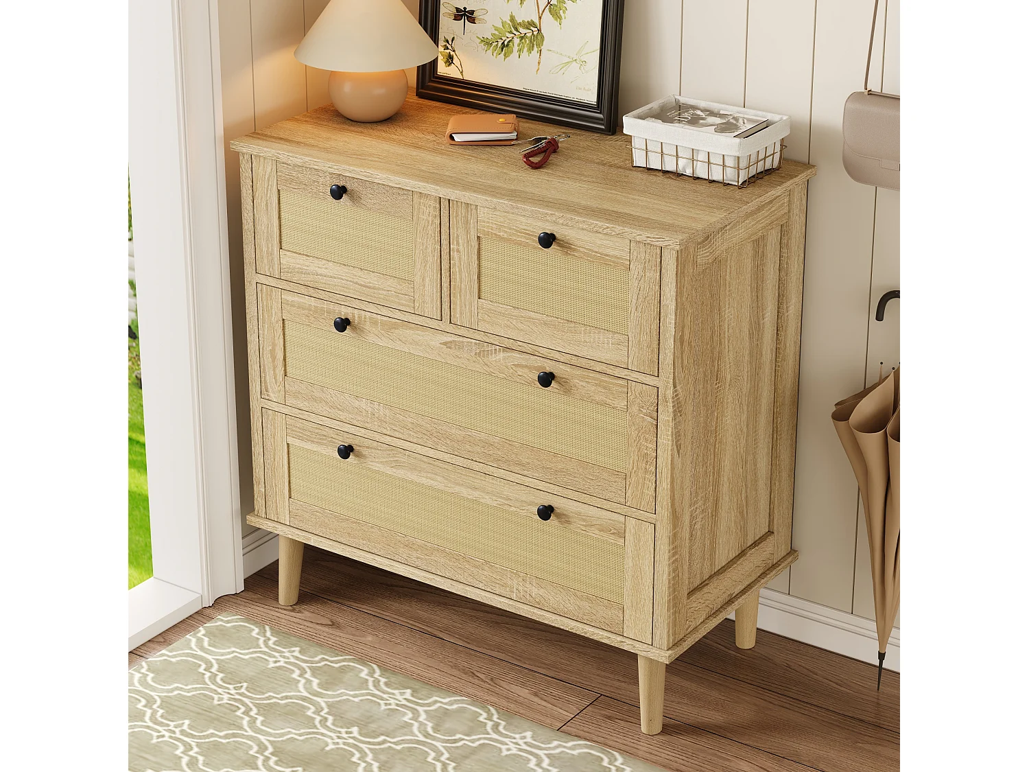 Sideboard 80×40×80 cm - mit 4 Rattan-Schubladen - Massivholzfüße - Spanplatte - natur