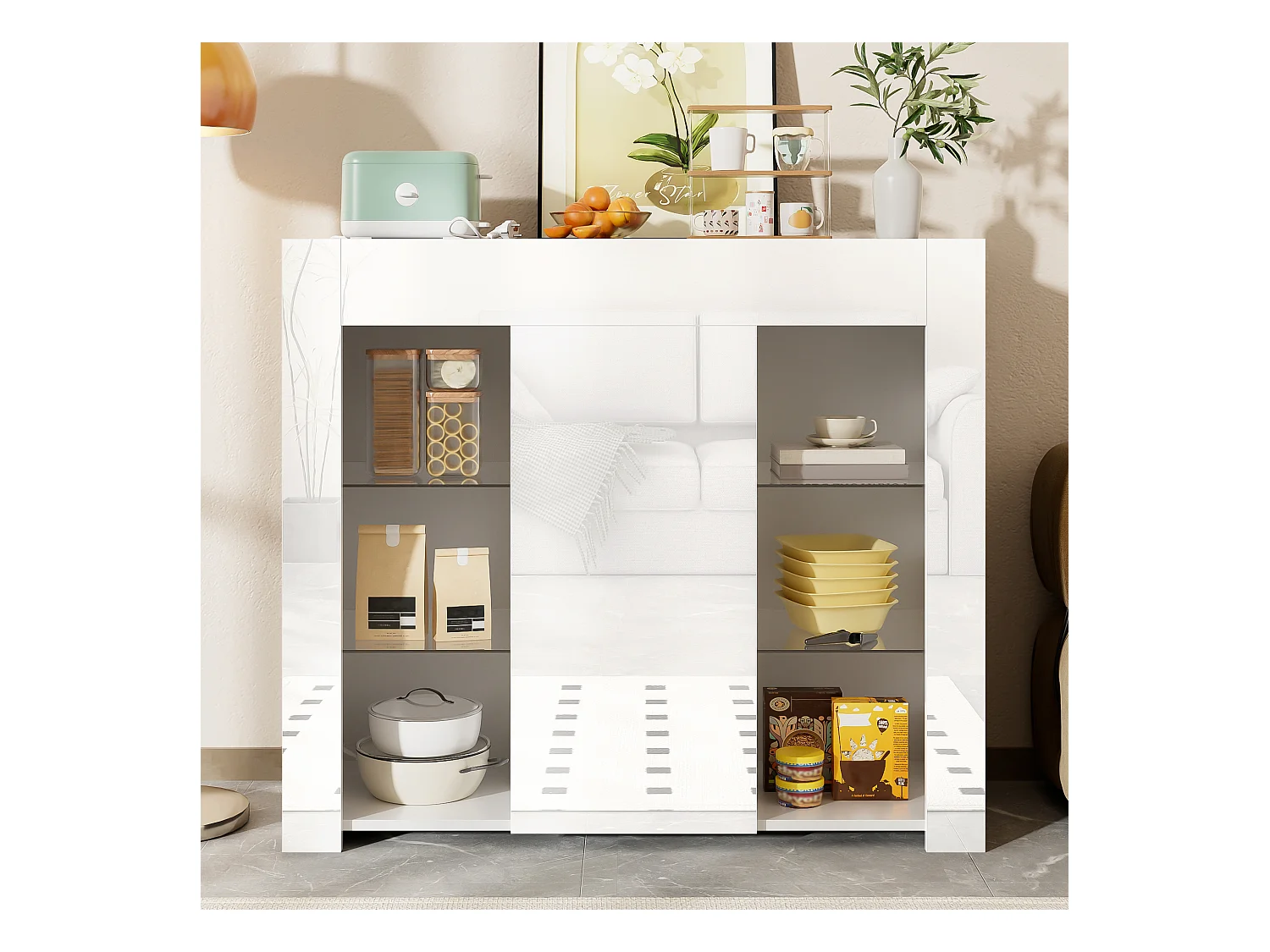 Buffet 95x35x83 cm - finition brillante - 1 porte - avec étagères en verre - panneaux de particules - blanc