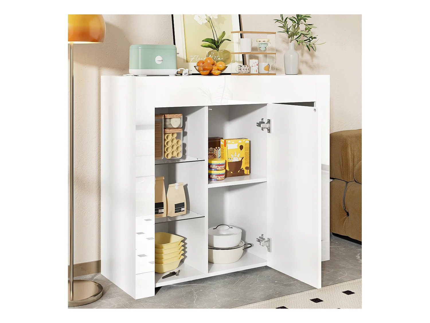 Buffet 95x35x83 cm - finition brillante - 1 porte - avec étagères en verre - panneaux de particules - blanc