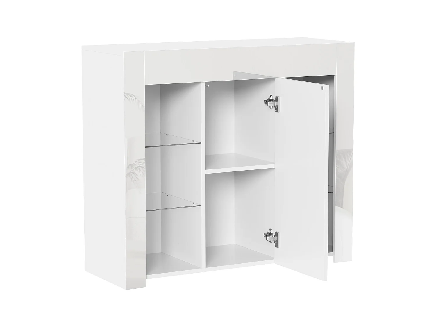 Buffet 95x35x83 cm - finition brillante - 1 porte - avec étagères en verre - panneaux de particules - blanc