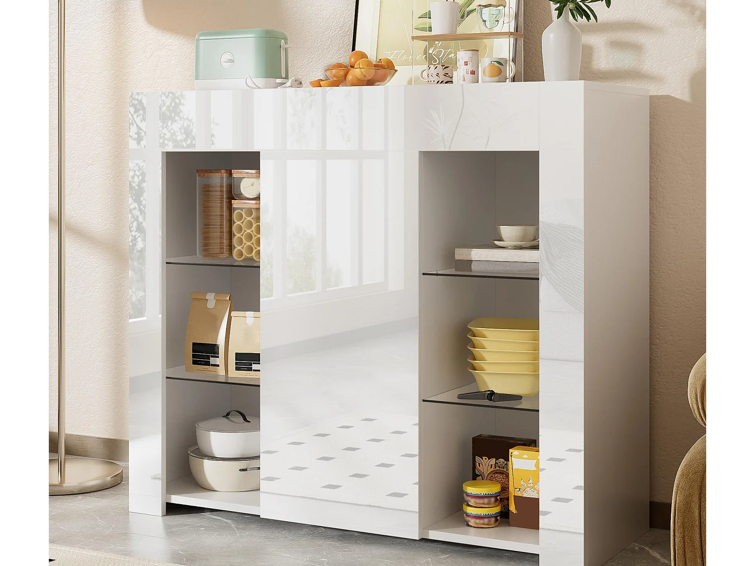 Sideboard 95×35×83 cm - Hochglanz-Finish - 1 Tür - mit Glasregalen - Spanplatte - weiß