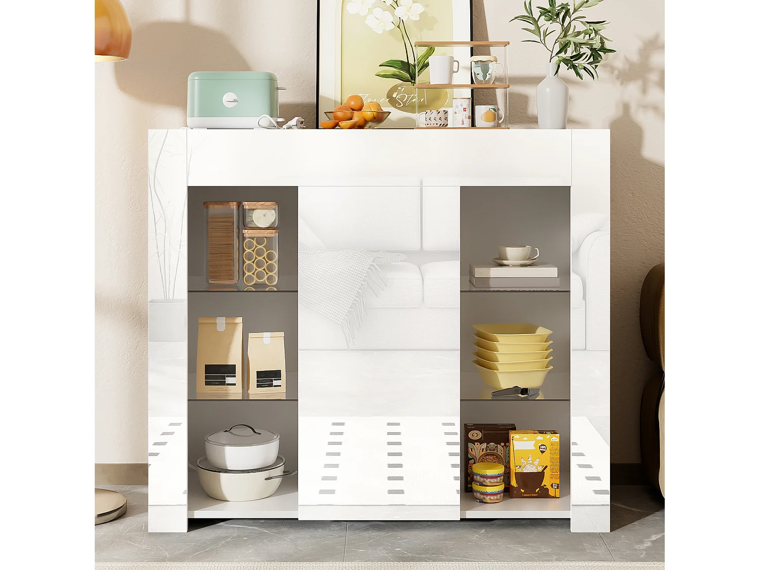 Sideboard 95×35×83 cm - Hochglanz-Finish - 1 Tür - mit Glasregalen - Spanplatte - weiß