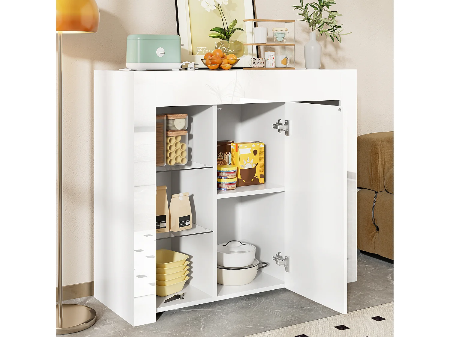 Sideboard 95×35×83 cm - Hochglanz-Finish - 1 Tür - mit Glasregalen - Spanplatte - weiß