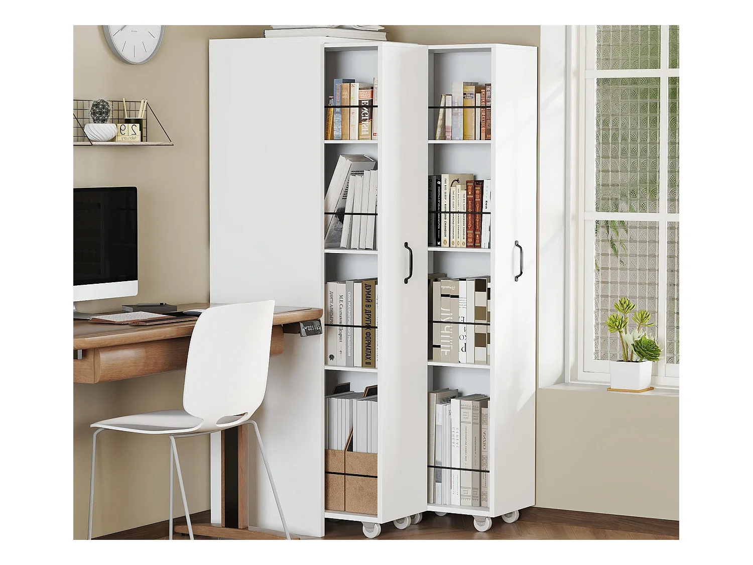 Bibliothèque extensible 51.5x41x158 cm - Interchangeables gauche et droite - avec roulettes - MDF - Blanc