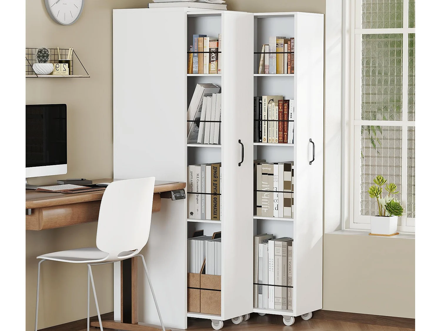 Libreria estensibile 51.5x41x158 cm - Sinistra e destra intercambiabili - con rotelle - MDF - Bianco