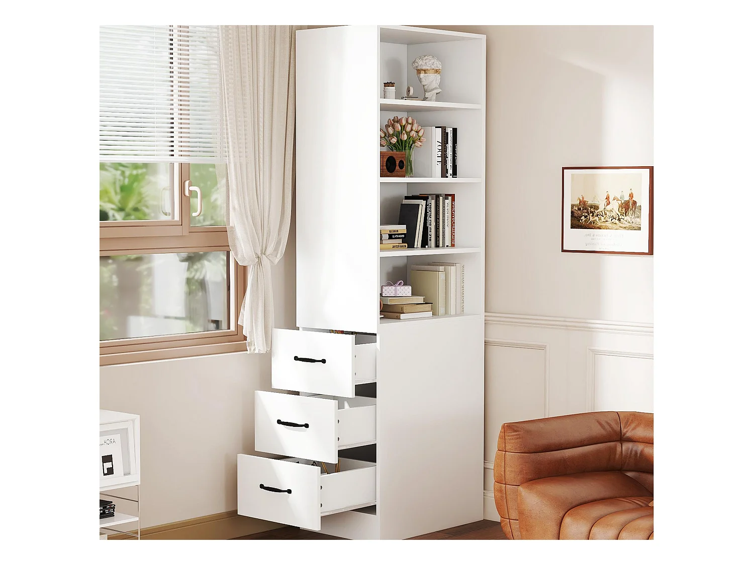 Bibliothèque 60x38x180 cm - Interchangeable gauche et droite - Avec 3 tiroirs - Étagères réglables - Blanc