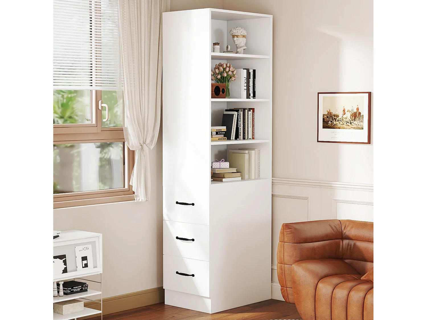 Bibliothèque 60x38x180 cm - Interchangeable gauche et droite - Avec 3 tiroirs - Étagères réglables - Blanc