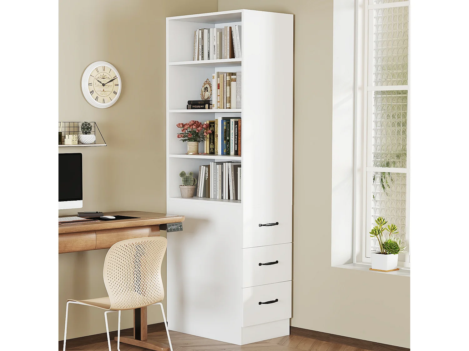 Bibliothèque 60x38x180 cm - Interchangeable gauche et droite - Avec 3 tiroirs - Étagères réglables - Blanc