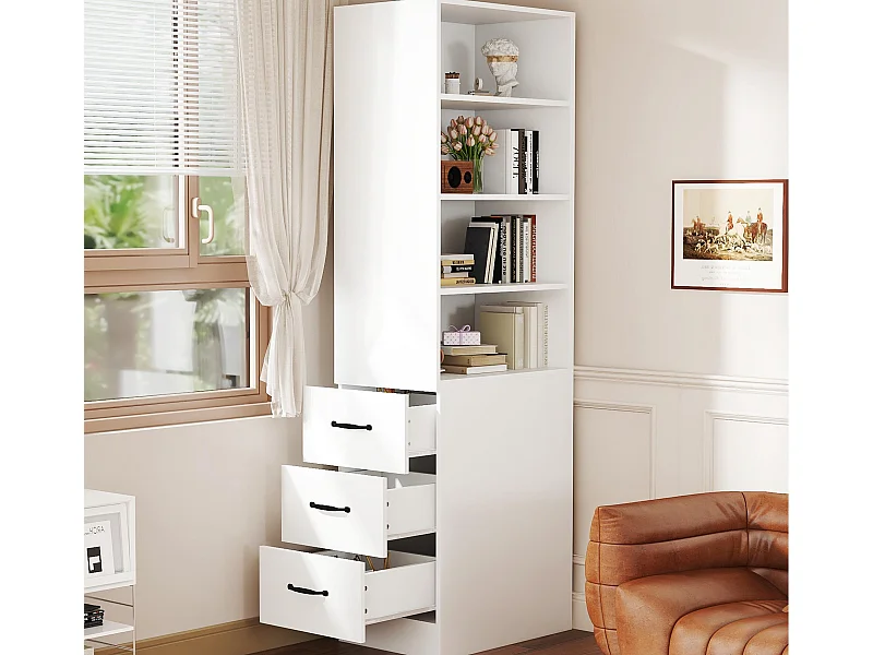 Biblioteczka 60x38x180 cm - Lewa i prawa strona wymienne - Z 3 szufladami - Regulowane półki - Biały