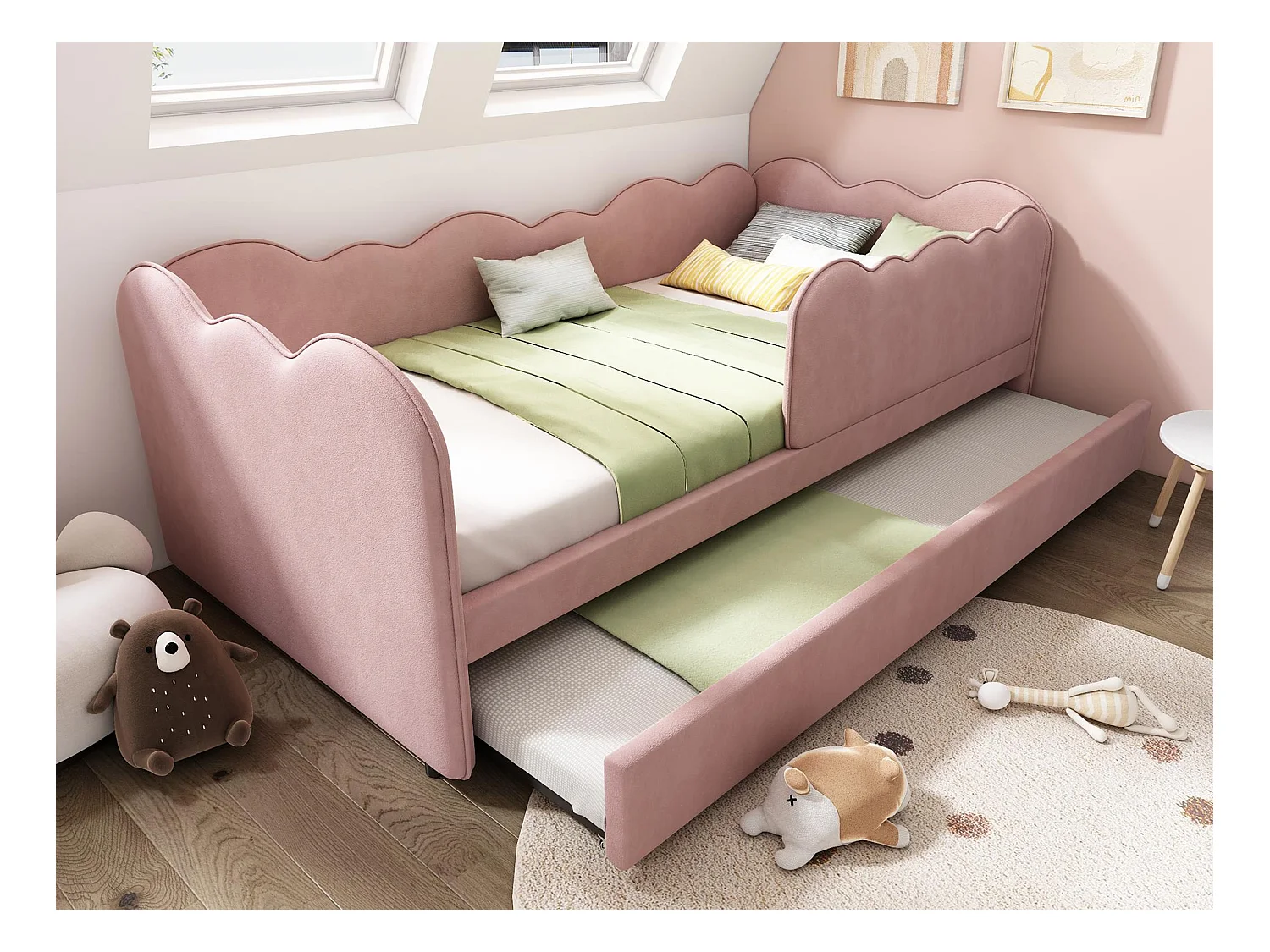 Canapé-lit 90x190 cm - avec lit gigogne 90x190 cm - décoration de vagues - avec sommier à lattes - Velours - Rose (sans matelas)