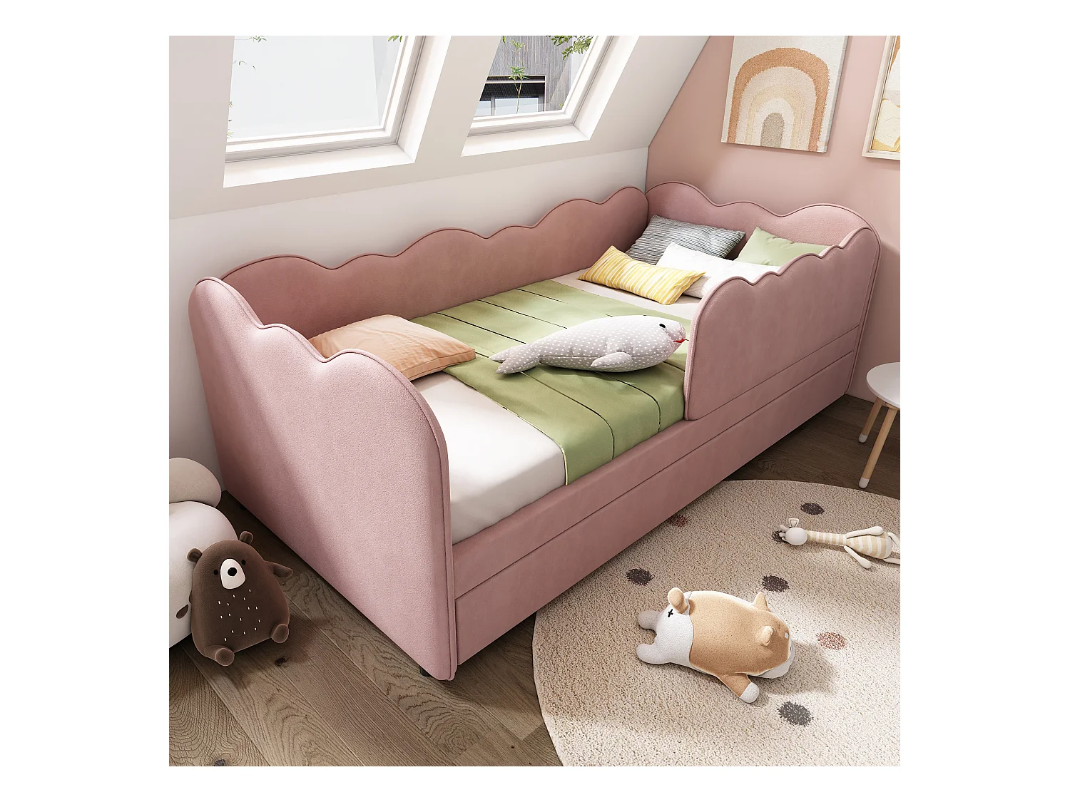 Canapé-lit 90x190 cm - avec lit gigogne 90x190 cm - décoration de vagues - avec sommier à lattes - Velours - Rose (sans matelas)