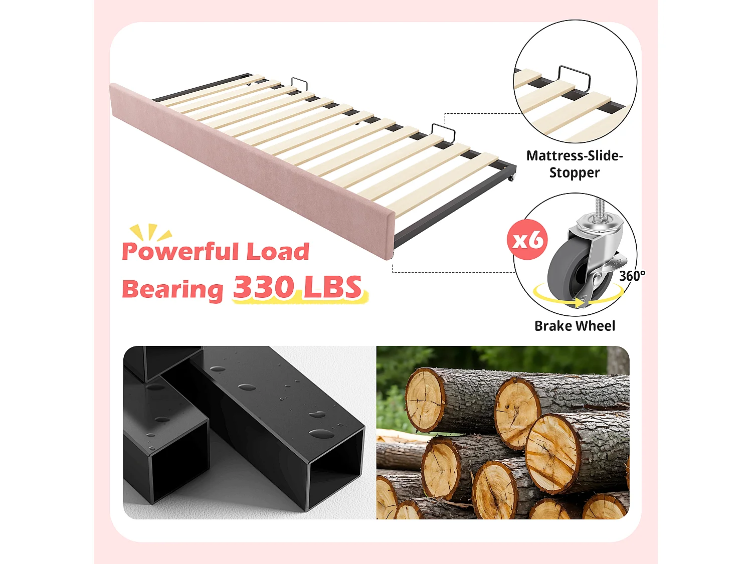 Slaapbank 90×190 cm - met uitschuifbaar bed 90×190 cm - golfdecoratie - met lattenbodem - Fluweel - Roze (zonder matras)