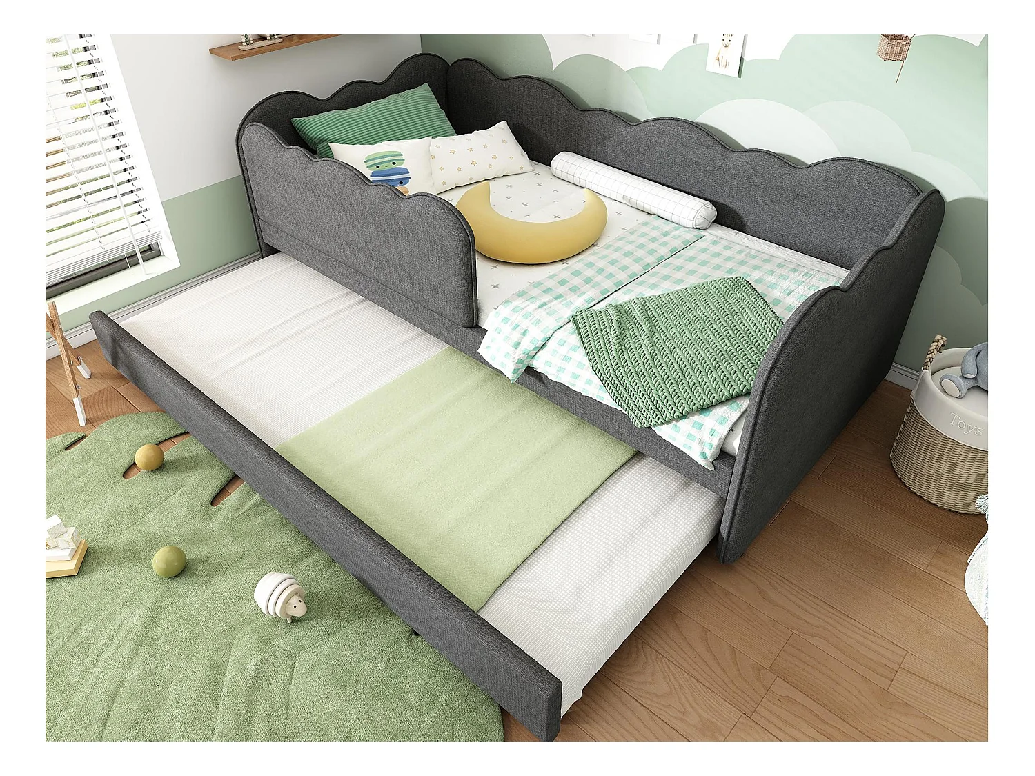 Canapé-lit 90x190 cm - avec lit gigogne 90x190 cm - décoration de vagues - avec sommier à lattes - Velours - Gris (sans matelas)