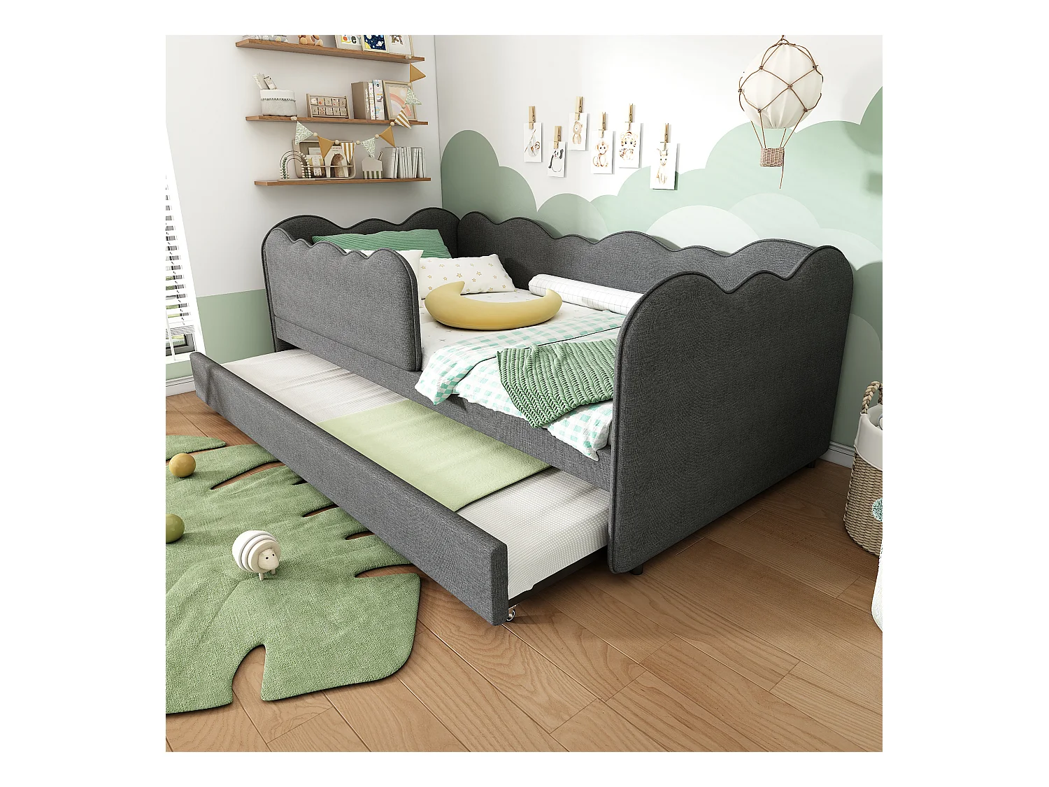 Canapé-lit 90x190 cm - avec lit gigogne 90x190 cm - décoration de vagues - avec sommier à lattes - Velours - Gris (sans matelas)